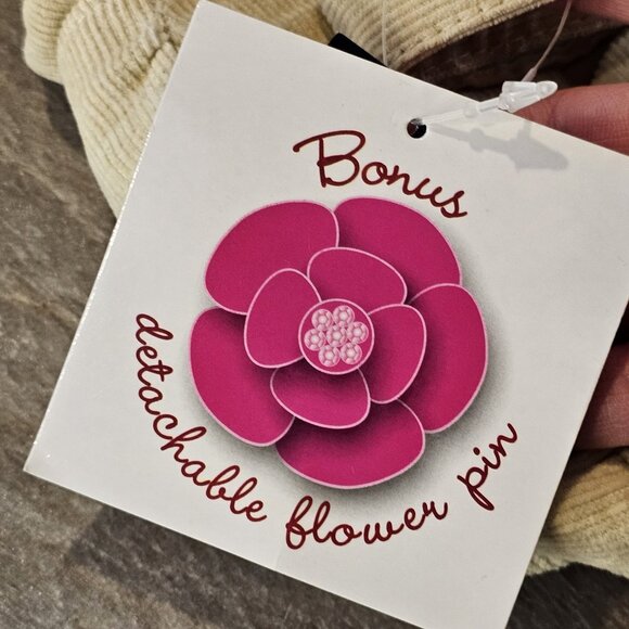 Y2K Tan Corduroy Shoulder Bag Small Beige NWT With Flower Brooch Neutral Mini - Picture 9 of 11